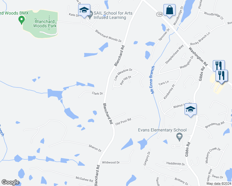 map of restaurants, bars, coffee shops, grocery stores, and more near 687 Low Meadow Drive in Evans