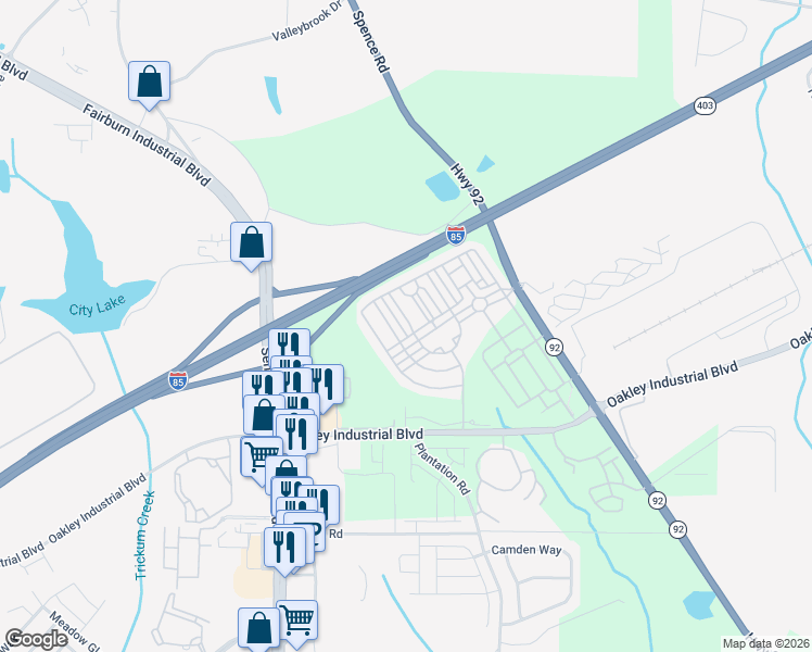map of restaurants, bars, coffee shops, grocery stores, and more near 5553 Festival Avenue in Fairburn