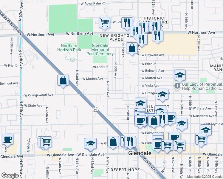 map of restaurants, bars, coffee shops, grocery stores, and more near 7502 North 60th Avenue in Glendale