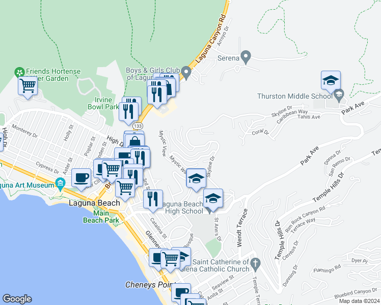 map of restaurants, bars, coffee shops, grocery stores, and more near 1218 Coronado Drive in Laguna Beach