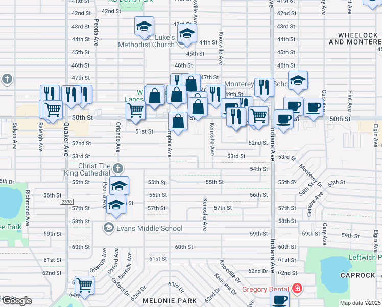 map of restaurants, bars, coffee shops, grocery stores, and more near 3709 53rd Street in Lubbock