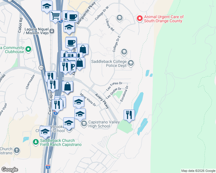 map of restaurants, bars, coffee shops, grocery stores, and more near 26601 Las Tunas Drive in Mission Viejo