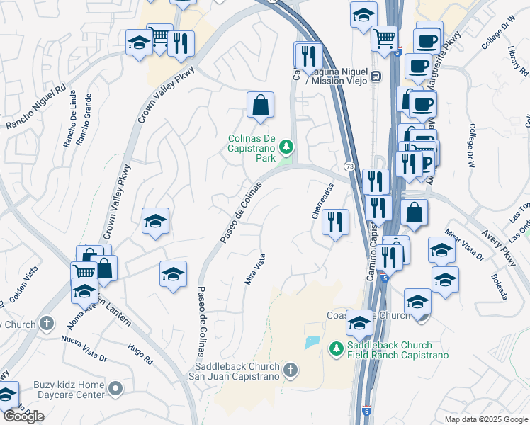 map of restaurants, bars, coffee shops, grocery stores, and more near 28701 Mira Vista in Laguna Niguel
