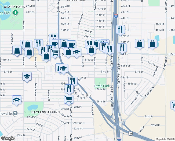map of restaurants, bars, coffee shops, grocery stores, and more near 1311 53rd Street in Lubbock