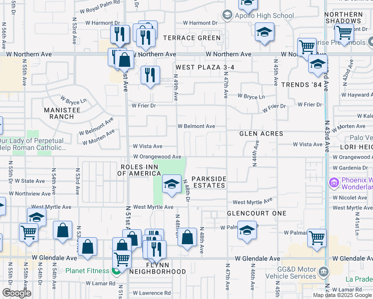 map of restaurants, bars, coffee shops, grocery stores, and more near 4850 West Orangewood Avenue in Glendale