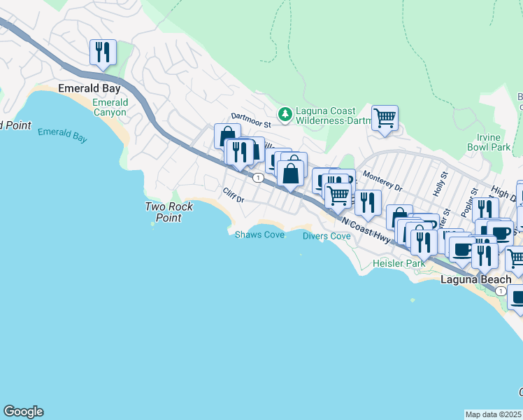 map of restaurants, bars, coffee shops, grocery stores, and more near 1019 Marine Drive in Laguna Beach
