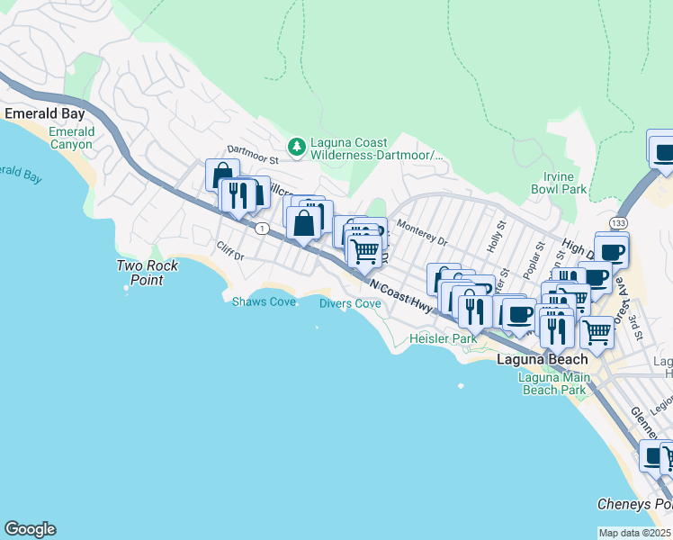 map of restaurants, bars, coffee shops, grocery stores, and more near 716 Cliff Drive in Laguna Beach