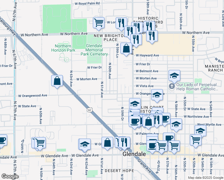 map of restaurants, bars, coffee shops, grocery stores, and more near 7502 North 60th Avenue in Glendale