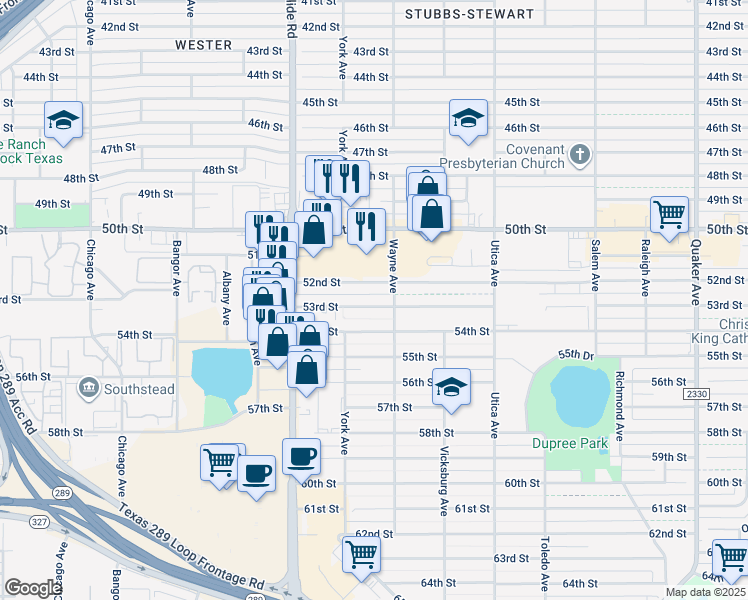 map of restaurants, bars, coffee shops, grocery stores, and more near 5008 53rd Street in Lubbock