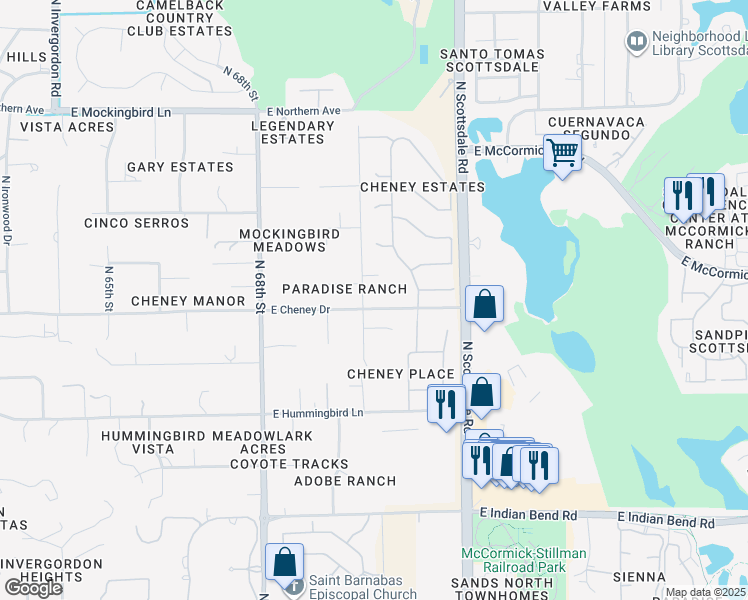 map of restaurants, bars, coffee shops, grocery stores, and more near 7505 North 70th Street in Paradise Valley