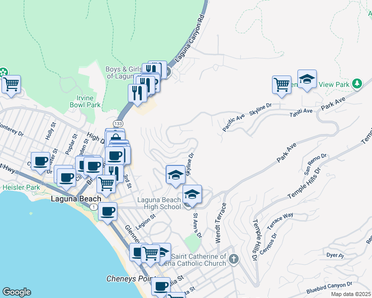 map of restaurants, bars, coffee shops, grocery stores, and more near 1220 Anacapa Way in Laguna Beach