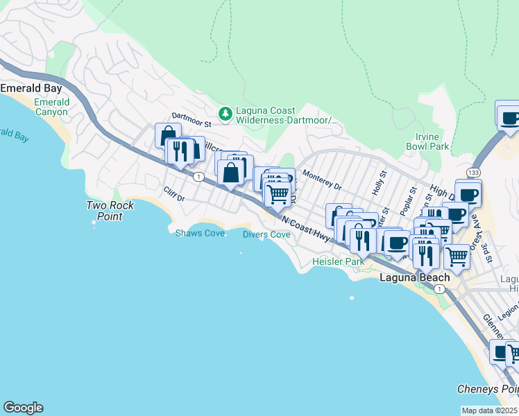 map of restaurants, bars, coffee shops, grocery stores, and more near 677 North Coast Highway in Laguna Beach