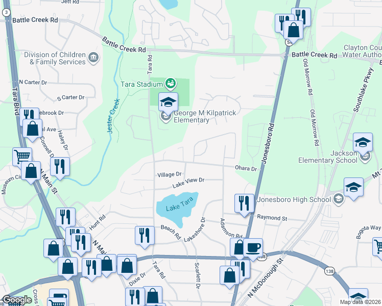 map of restaurants, bars, coffee shops, grocery stores, and more near 7625 Garnet Drive in Jonesboro