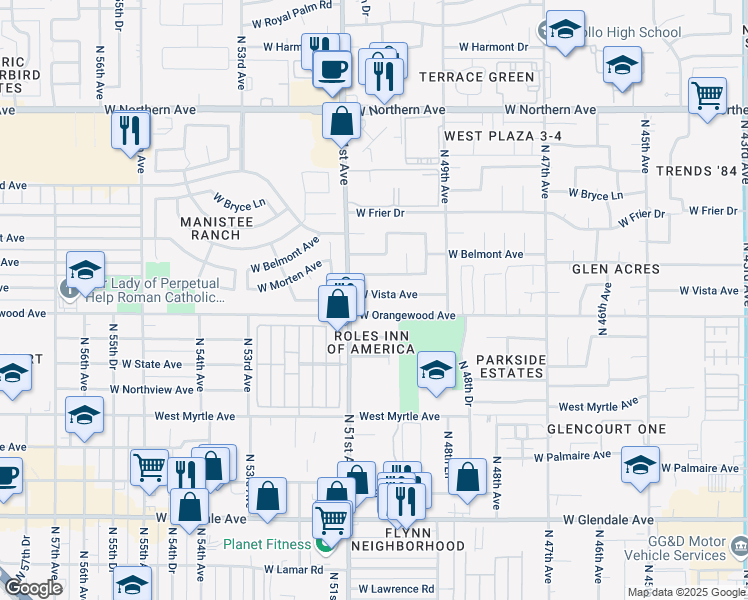 map of restaurants, bars, coffee shops, grocery stores, and more near 5016 West Orangewood Avenue in Glendale