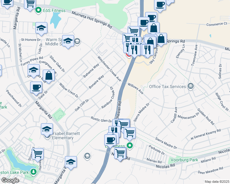 map of restaurants, bars, coffee shops, grocery stores, and more near 27076 Rainbow Creek Drive in Temecula