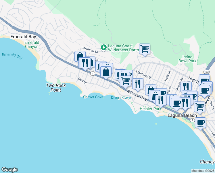 map of restaurants, bars, coffee shops, grocery stores, and more near 848 Cliff Drive in Laguna Beach