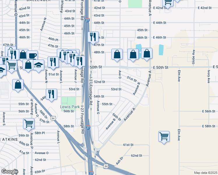 map of restaurants, bars, coffee shops, grocery stores, and more near 509 53rd Street in Lubbock