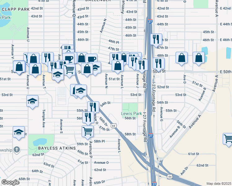 map of restaurants, bars, coffee shops, grocery stores, and more near 1311 53rd Street in Lubbock
