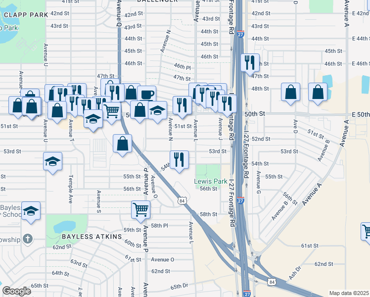 map of restaurants, bars, coffee shops, grocery stores, and more near 1311 53rd Street in Lubbock