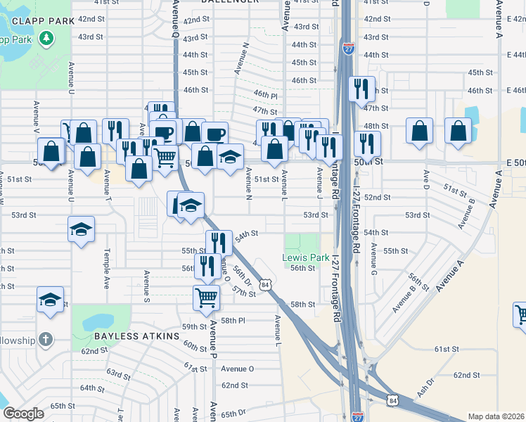 map of restaurants, bars, coffee shops, grocery stores, and more near 1311 53rd Street in Lubbock
