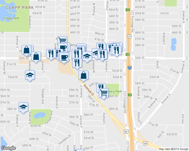 map of restaurants, bars, coffee shops, grocery stores, and more near in Lubbock