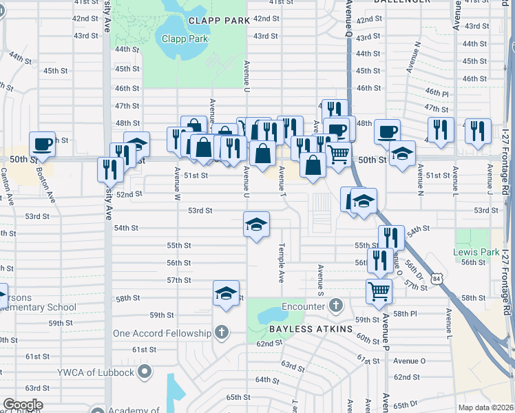 map of restaurants, bars, coffee shops, grocery stores, and more near 2011-2013 53rd Street in Lubbock