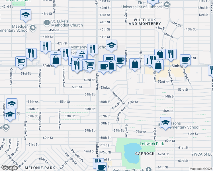 map of restaurants, bars, coffee shops, grocery stores, and more near 3222-3298 53rd Street in Lubbock