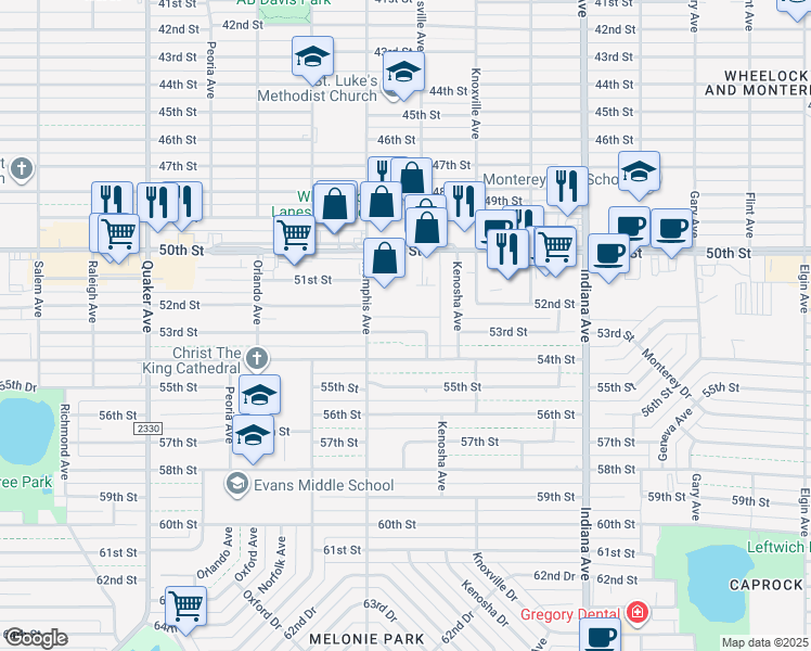 map of restaurants, bars, coffee shops, grocery stores, and more near 3709 53rd Street in Lubbock
