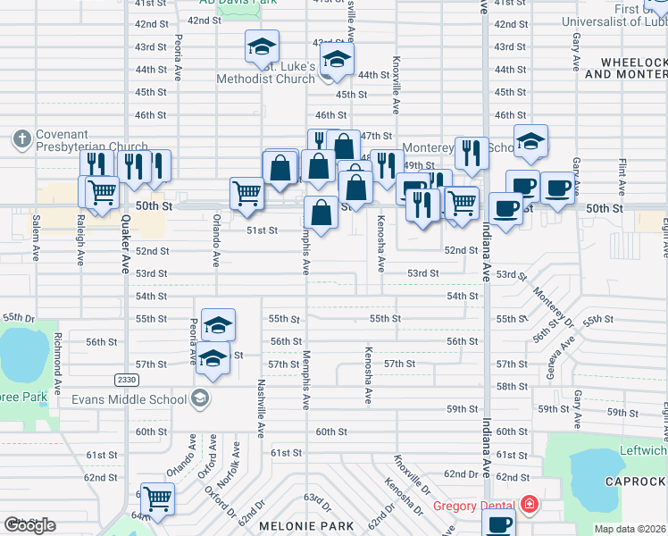 map of restaurants, bars, coffee shops, grocery stores, and more near 3709 53rd Street in Lubbock