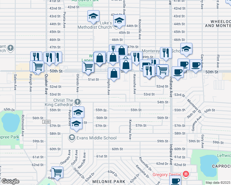 map of restaurants, bars, coffee shops, grocery stores, and more near 3709 53rd Street in Lubbock