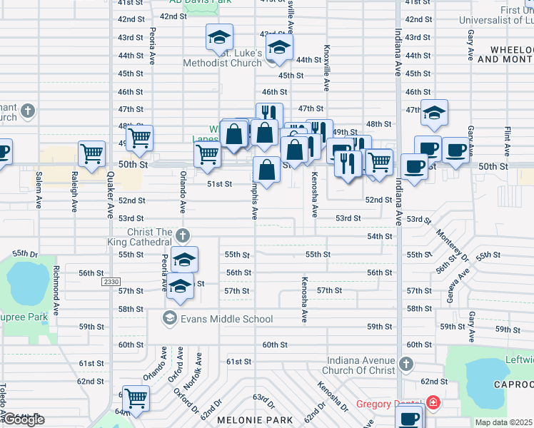 map of restaurants, bars, coffee shops, grocery stores, and more near 3709 53rd Street in Lubbock