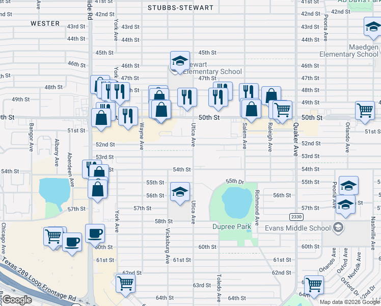 map of restaurants, bars, coffee shops, grocery stores, and more near 4807 53rd Street in Lubbock