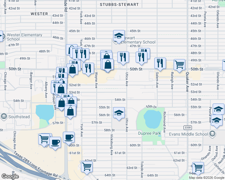map of restaurants, bars, coffee shops, grocery stores, and more near 4821 53rd Street in Lubbock