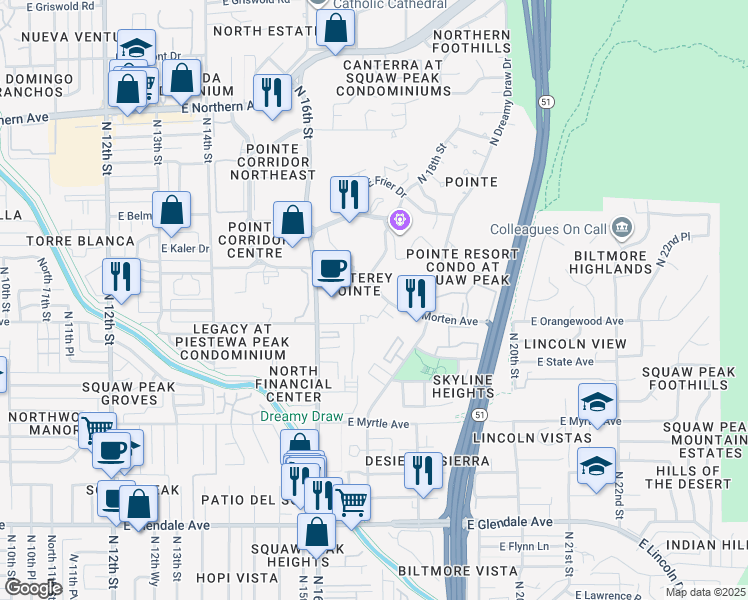 map of restaurants, bars, coffee shops, grocery stores, and more near 1717 East Morten Avenue in Phoenix
