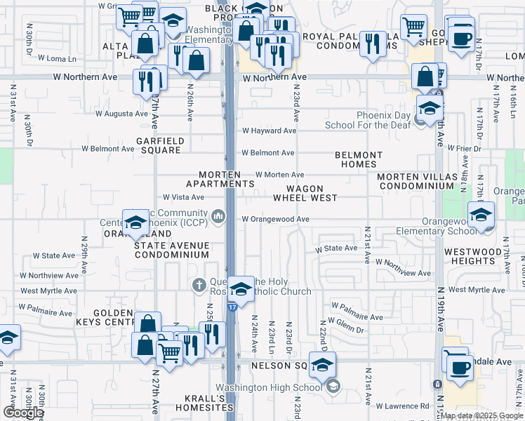 map of restaurants, bars, coffee shops, grocery stores, and more near 2336 West Orangewood Avenue in Phoenix