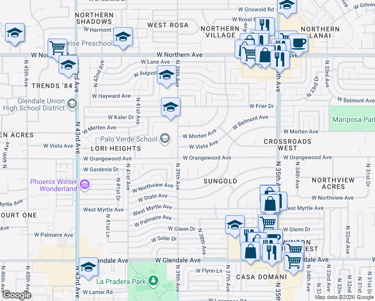 map of restaurants, bars, coffee shops, grocery stores, and more near 3814 West Orangewood Avenue in Phoenix