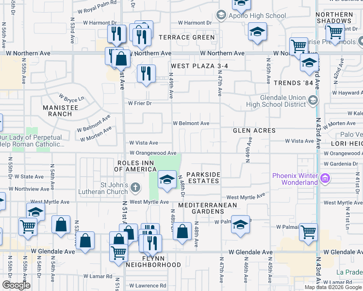 map of restaurants, bars, coffee shops, grocery stores, and more near 4850 West Orangewood Avenue in Glendale