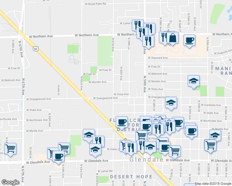 map of restaurants, bars, coffee shops, grocery stores, and more near 7502 North 60th Avenue in Glendale