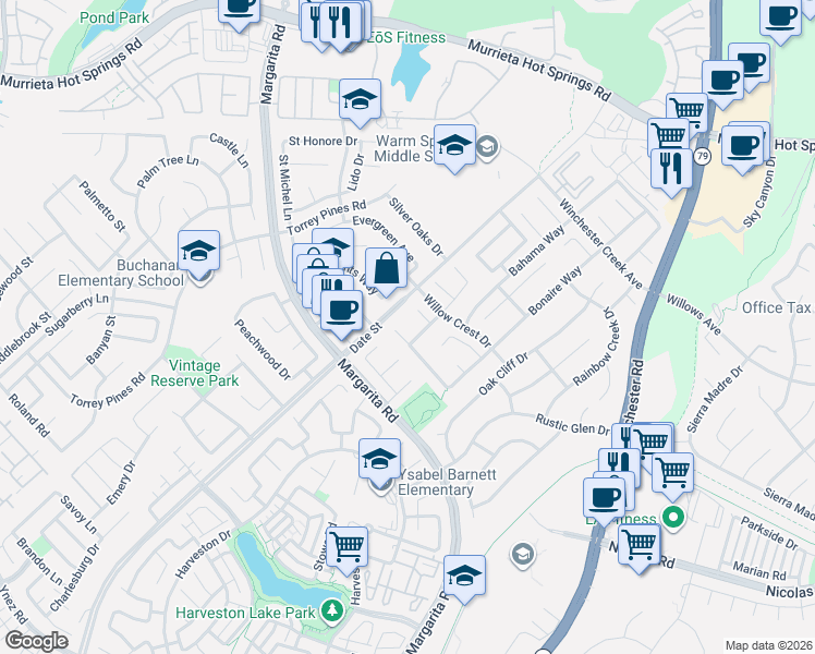 map of restaurants, bars, coffee shops, grocery stores, and more near 39737 Barbados Drive in Murrieta