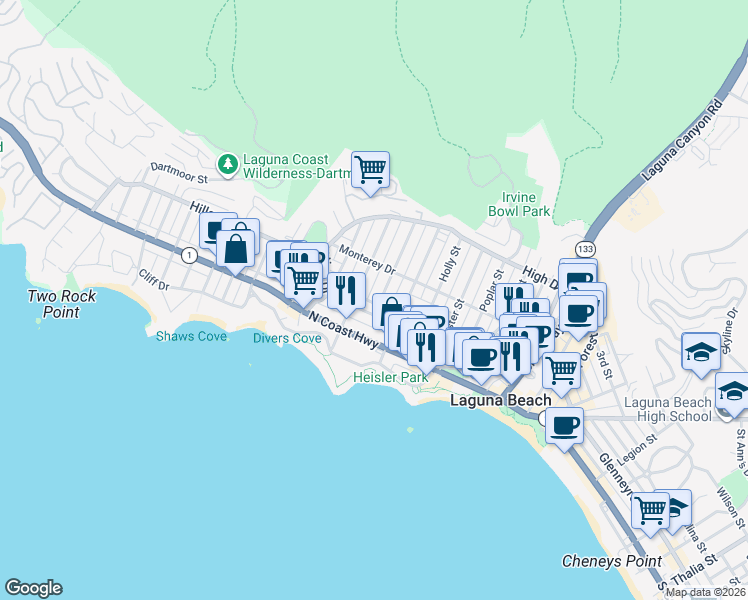 map of restaurants, bars, coffee shops, grocery stores, and more near 315 Locust Street in Laguna Beach