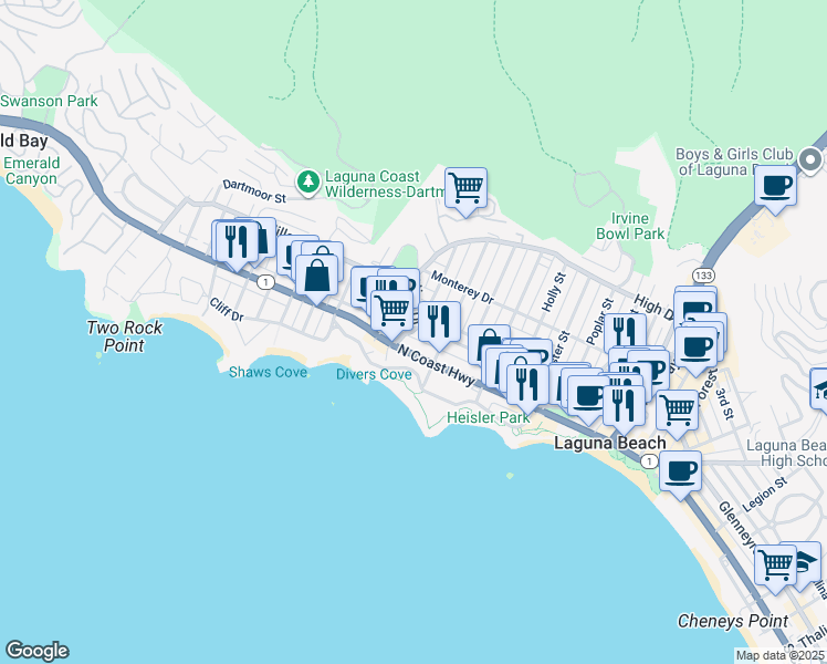 map of restaurants, bars, coffee shops, grocery stores, and more near 590 North Coast Highway in Laguna Beach
