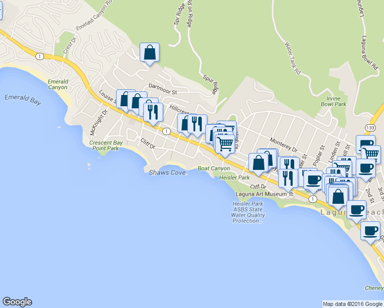 map of restaurants, bars, coffee shops, grocery stores, and more near 845 Cliff Drive in Laguna Beach