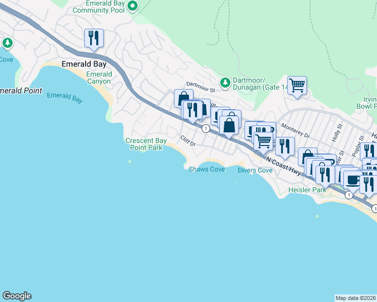 map of restaurants, bars, coffee shops, grocery stores, and more near 1101 Marine Drive in Laguna Beach