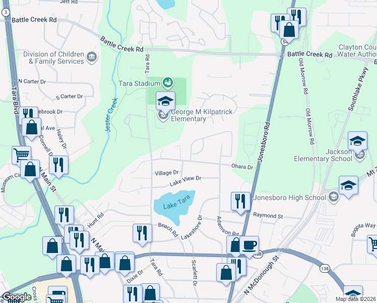 map of restaurants, bars, coffee shops, grocery stores, and more near 7625 Garnet Drive in Jonesboro