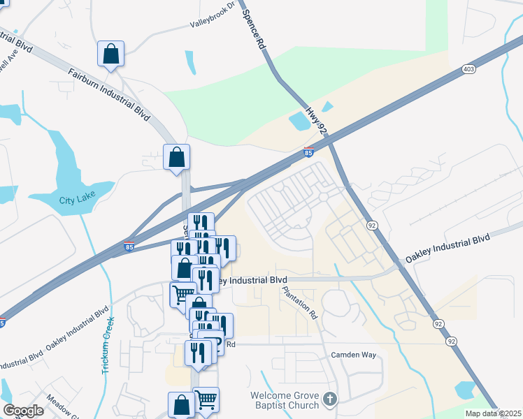 map of restaurants, bars, coffee shops, grocery stores, and more near 5722 Radford Loop in Fairburn