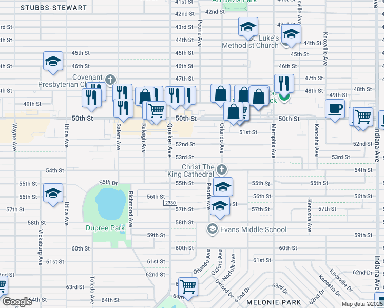 map of restaurants, bars, coffee shops, grocery stores, and more near 4215 53rd Street in Lubbock