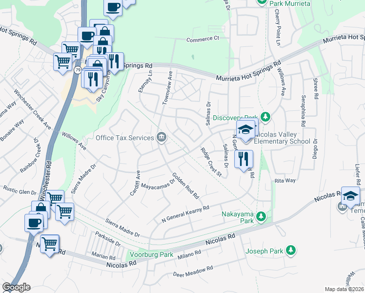 map of restaurants, bars, coffee shops, grocery stores, and more near 39559 Bainbridge Circle in Murrieta