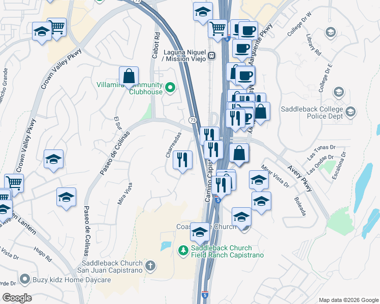 map of restaurants, bars, coffee shops, grocery stores, and more near 28682 Avenida Del Caballo in Laguna Niguel