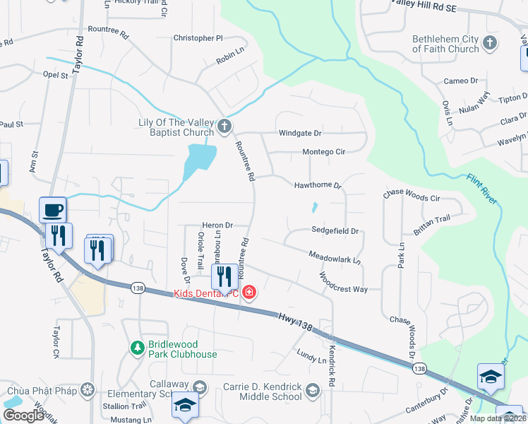 map of restaurants, bars, coffee shops, grocery stores, and more near 80 Rountree Road in Riverdale