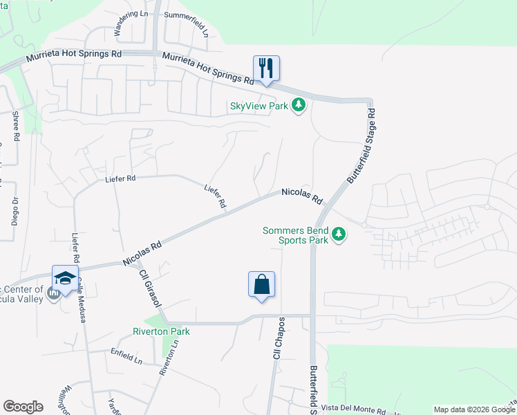 map of restaurants, bars, coffee shops, grocery stores, and more near 31895 Nicolas Road in Temecula